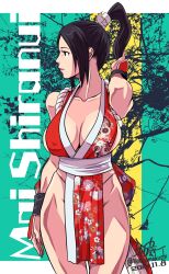 1girl black_hair breasts cleavage collarbone fatal_fury high_ponytail highres large_breasts mimiyama_kiichi ninja shiranui_mai smile solo the_king_of_fighters