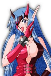 Rule 34 | 1girl, :d, artist request, asymmetrical clothes, bare shoulders, blue eyes, blue hair, blush, bodysuit, bracelet, breasts, choker, cleavage, collarbone, demon girl, female focus, gloves, horns, jewelry, large breasts, laughing, long hair, looking at viewer, mask, matching hair/eyes, ojou-sama pose, open mouth, pointy ears, ragnarok online, shirt, simple background, skin tight, smile, solo, spiked bracelet, spikes, upper body, white background, zealotus, zherlthsh