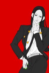 Rule 34 | 1boy, black hair, black necktie, black suit, cowboy shot, formal, green nails, hand on own face, hand on own hip, highres, hunter x hunter, illumi zoldyck, long hair, looking at viewer, male focus, nail polish, necktie, open clothes, pin, red background, shirt, simple background, smile, suit, tktk 7777, white shirt
