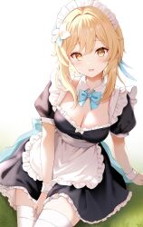 Rule 34 | 1girl, absurdres, alternate costume, apron, black dress, blonde hair, blue bow, blue bowtie, bow, bowtie, breasts, cleavage, collar, commentary request, detached collar, dress, enmaided, flower, frilled dress, frills, genshin impact, hair flower, hair ornament, highres, looking at viewer, lumine (genshin impact), maid, maid apron, maid headdress, nasii, parted lips, revision, short hair, short hair with long locks, short sleeves, sidelocks, sitting, smile, solo, thighhighs, white apron, white collar, white flower, white thighhighs, zettai ryouiki