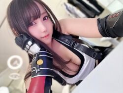 Rule 34 | black gloves, black sports bra, breasts, brown hair, cleavage, cosplay, elbow gloves, final fantasy, final fantasy vii, final fantasy vii remake, gloves, hand on own cheek, hand on own face, large breasts, lips, looking at viewer, single sidelock, solo, sports bra, suspenders, tank top, tifa lockhart, tifa lockhart (cosplay)