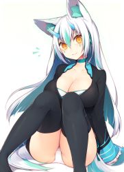 Rule 34 | 1girl, animal ear fluff, animal ears, aqua hair, black thighhighs, breasts, cleavage, colored inner hair, facial mark, female focus, fox ears, fox tail, highres, horns, large breasts, long hair, looking at viewer, multicolored hair, muryotaro, neck ribbon, orange eyes, original, panties, ribbon, simple background, sitting, sleeves past wrists, slit pupils, smile, solo, suirin (muryou), tail, thighhighs, two-tone hair, underwear, white hair