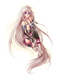 Rule 34 | 1girl, arm warmers, bad id, bad pixiv id, bare shoulders, blue eyes, boots, full body, highres, hugging own legs, ia (vocaloid), long hair, looking at viewer, microphone, off shoulder, pink hair, simple background, single thighhigh, sitting, skirt, smile, solo, thigh strap, thighhighs, very long hair, vocaloid