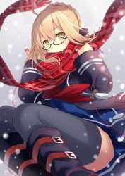 Rule 34 | 1girl, ahoge, artoria pendragon (all), artoria pendragon (fate), black-framed eyewear, black thighhighs, blonde hair, blue skirt, boots, braid, checkered clothes, checkered scarf, covered mouth, fate/grand order, fate (series), floating hair, glasses, hair between eyes, hair bun, hands up, jacket, long hair, looking at viewer, mysterious heroine x alter (fate), mysterious heroine x alter (first ascension) (fate), red scarf, saber (fate), scarf, semi-rimless eyewear, sidelocks, single hair bun, skirt, snow, solo, string, string of fate, thighhighs, yashiro seika, yellow eyes