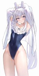 Rule 34 | 1girl, :o, absurdres, animal ears, armpits, arms up, blue archive, blue one-piece swimsuit, blush, covered navel, fake animal ears, frilled one-piece swimsuit, frills, grey hair, groin, highres, looking at viewer, miyako (swimsuit) (blue archive), one-piece swimsuit, purple eyes, rabbit ears, reneua, shirt, simple background, solo, swimsuit, water drop, white background, white shirt
