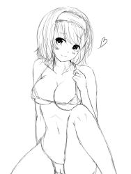 Rule 34 | 1girl, alice margatroid, arm support, bad id, bad twitter id, bikini, blush, breasts, cameltoe, cleavage, collarbone, female focus, greyscale, hairband, heart, highres, leg up, looking at viewer, md5 mismatch, micro bikini, monochrome, navel, pyonsuke (pyon2 mfg), resized, short hair, simple background, sketch, smile, solo, strap gap, strap lift, swimsuit, touhou, white background
