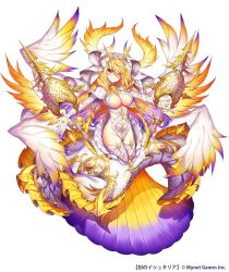 Rule 34 | 1girl, age of ishtaria, bandages, blonde hair, blush, breasts, cleavage, copyright name, copyright notice, frills, full body, gloves, hair over one eye, highres, large breasts, liberalitas (age of ishtaria), long hair, looking at viewer, munlu (wolupus), navel, red eyes, simple background, solo, veil, weapon, white background, white gloves, white veil, wings