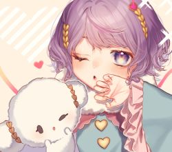 Rule 34 | 1girl, ;o, beige background, blue shirt, blush, commentary, frilled sleeves, frills, hand up, heart, highres, komeiji satori, long sleeves, looking at viewer, mokokiyo (asaddr), one eye closed, parted lips, purple eyes, purple hair, shirt, short hair, solo, symbol-only commentary, touhou, upper body, wide sleeves