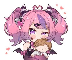 Rule 34 | 1girl, :3, ahoge, bell, blush stickers, cdawgva, character doll, chibi, closed mouth, commentary, demon girl, demon horns, demon wings, elbow gloves, english commentary, gloves, hair bell, hair ornament, hairclip, heart, heart ahoge, highres, horns, ironmouse, ironmouse (pink rock), jingle bell, kukie-nyan, looking at viewer, multicolored hair, purple eyes, purple hair, smile, solo, streaked hair, swept bangs, upper body, virtual youtuber, vshojo, wings