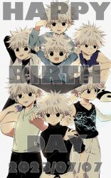 Rule 34 | 6+boys, blue eyes, child, commentary request, dated, electricity, facing viewer, happy birthday, highres, hunter x hunter, killua zoldyck, looking at viewer, male focus, messy hair, multiple boys, short hair, simple background, smile, solo focus, spiked hair, teeth, uzra hh, white background, white hair