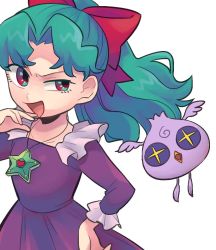 Rule 34 | + +, 1girl, bow, cosmic baton girl comet-san, dress, green hair, hair bow, half-closed eye, hand on own hip, heart, jewelry, meteor (comet-san), necklace, open mouth, pendant, ponytail, purple dress, red eyes, smile, solo, star (symbol), tsunoji, v-shaped eyebrows