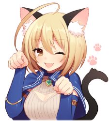 Rule 34 | 1girl, :3, :d, ahoge, animal ears, arm belt, blonde hair, blue capelet, brown eyes, byulzzi, capelet, cat ears, cat girl, cat tail, cleavage cutout, clothing cutout, detached sleeves, fang, gem, hair between eyes, jewelry, long sleeves, looking at viewer, meme attire, necklace, one eye closed, open-chest sweater, open mouth, paw pose, paw print, ribbed sweater, short hair, simple background, smile, solo, sweater, sweater vest, tail, white background, white sweater