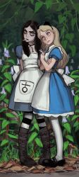 Rule 34 | 2girls, absurdres, alice (alice in wonderland), alice in wonderland, american mcgee&#039;s alice, apron, belt boots, black choker, black footwear, black hair, blonde hair, blue dress, blue eyes, boots, choker, cigarette, closed mouth, dark persona, dress, dual persona, flower, forest, frown, green eyes, grey footwear, highres, historical name connection, holding, holding cigarette, horseshoe, lipstick, looking at viewer, makeup, mary janes, mascara, mossacannibalis, multiple girls, name connection, nature, outdoors, pale skin, pantyhose, pigeon-toed, puffy short sleeves, puffy sleeves, red lips, ringed eyes, shoes, short sleeves, smoking, striped clothes, striped legwear, striped pantyhose, white apron, white legwear