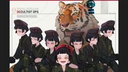 Rule 34 | 6+girls, :d, absurdres, beret, black gloves, black hair, black jacket, blush, closed mouth, fangs, gloves, green jacket, gun, hat, highres, holding, holding gun, holding weapon, jacket, looking at viewer, military, military uniform, multiple girls, open mouth, orange eyes, polilla, pouch, red headwear, short hair, smile, soldier, tiger, trigger discipline, uniform, vest, weapon, weapon request
