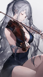 Rule 34 | 1girl, ak-12 (girls&#039; frontline), backless dress, backless outfit, bad id, bad pixiv id, bare shoulders, blue dress, breasts, cleavage, closed eyes, collarbone, covered erect nipples, crossed legs, dress, girls&#039; frontline, gradient background, highres, instrument, long hair, medium breasts, messy hair, music, no bra, playing instrument, plunging neckline, ponytail, qiandaiyiyu, short dress, silver hair, sitting, sleeveless, sleeveless dress, swept bangs, thighs, very long hair, violin