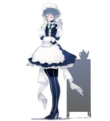 Rule 34 | 1girl, apron, blue footwear, blue pantyhose, blue skirt, blue vest, bow, braid, closed eyes, commentary request, full body, gloves, green bow, grey hair, hair bow, high heels, highres, ikurauni, izayoi sakuya, maid headdress, pantyhose, shirt, shoes, short hair with long locks, simple background, skirt, striped clothes, striped pantyhose, teapot, touhou, towel, twin braids, vest, waist apron, white background, white gloves, white shirt