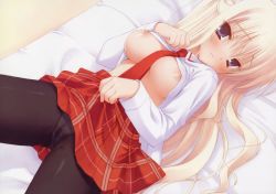 Rule 34 | 1girl, bed, between breasts, blonde hair, blush, bra-ban!, breasts, cameltoe, clothes lift, dot nose, hibarigaoka yuki, large breasts, lifting own clothes, long hair, looking at viewer, lying, medium breasts, muririn, necktie, necktie between breasts, no bra, on back, panties, pantyhose, plaid, plaid skirt, pleated skirt, presenting, pussy juice, red necktie, school uniform, self exposure, shirt lift, skirt, skirt lift, small nipples, solo, spread legs, underwear, wet, wet clothes, wet panties, yuzusoft
