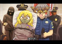 Rule 34 | 1girl, 4boys, :d, alternate costume, balaclava, black hair, black pants, black shirt, blonde hair, blue pants, blue shirt, bow, butterfly mask, commentary request, cookie (touhou), cosplay, drddrddo, frilled bow, frills, genderswap, genderswap (ftm), hair between eyes, hair bow, hakurei reimu, hannibal lecter, hannibal lecter (cosplay), hat, highres, holding, holding whip, kirisame marisa, letterboxed, long hair, looking down, mask, mouth mask, multiple boys, open mouth, pants, peaked cap, police, police uniform, red bow, rei (cookie), restrained, sananana (cookie), second-party source, shirt, short hair, smile, straitjacket, sweat, nervous sweating, the silence of the lambs, touhou, translated, trap, uniform, upper body, yellow eyes