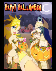 Rule 34 | 10s, 2boys, 2girls, blonde hair, breasts, brief (psg), candy, chuck (psg), cleavage, condom, costume, demon girl, demon tail, demon wings, dildo, food, foreshortening, garterbelt (psg), halloween, happy halloween, highres, horns, medium breasts, midriff, moon, multicolored hair, multiple boys, multiple girls, mummy, night, one eye closed, panty &amp; stocking with garterbelt, panty (psg), see-through (psg), sex toy, small breasts, stocking (psg), stuffed animal, stuffed toy, tail, two-tone hair, wings, wink, yanoodle