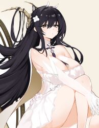 Rule 34 | 1girl, antlers, azur lane, black hair, breasts, cleavage, closed mouth, dress, elbow gloves, flower, gloves, hair between eyes, hair flower, hair ornament, highres, horns, indomitable (azur lane), large breasts, long hair, looking at viewer, simple background, sironekomia1, sleeveless, sleeveless dress, solo, very long hair, white dress, white gloves