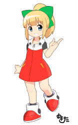 Rule 34 | 1girl, ashida nanase, blonde hair, blue eyes, blunt bangs, bow, capcom, commentary request, fringe trim, full body, green bow, hair bow, hair ornament, hand gesture, high ponytail, leg up, mega man (classic), mega man (series), mega man 11, ponytail, roll (mega man), shoes, signature, simple background, smile, solo, standing, teeth, white background, zipper