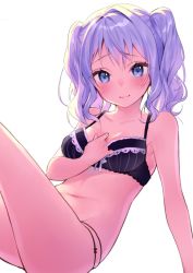Rule 34 | 10s, 1girl, asagi yuna, backlighting, black bra, blue eyes, blush, bra, breasts, cleavage, closed mouth, hand on own chest, highres, kantai collection, kashima (kancolle), leaning back, looking at viewer, medium breasts, panties, purple hair, simple background, sitting, smile, solo, string panties, twintails, underwear, underwear only, white background