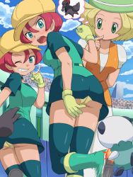 Rule 34 | 10s, 3girls, angry, arm behind back, ass, bianca (pokemon), blonde hair, blue sky, blush, boots, cabbie hat, choker, cloud, creatures (company), day, disguise, disguised zorua, dual persona, finger to mouth, from behind, from below, game freak, gen 5 pokemon, georgia (pokemon), gloves, green eyes, green footwear, green legwear, green skirt, grin, hat, illusion (pokemon), imposter, kicking, knee boots, legs, looking back, miniskirt, multiple girls, nintendo, one eye closed, open mouth, oshawott, panties, pantyshot, pencil skirt, pokemoa, pokemon, pokemon (anime), pokemon (creature), pokemon ability, pokemon bw, pokemon bw (anime), red hair, skirt, sky, smile, stadium, standing, tail, thighhighs, transformation, trefoil, underwear, upskirt, vest, wink, yellow panties, zorua