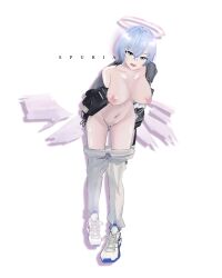 Rule 34 | 1girl, arknights, arms behind back, bag, belt, blue hair, breasts, cleft of venus, clothes pull, grey eyes, halo, highres, jacket, jacket partially removed, large breasts, light blue hair, navel, open clothes, pants, pants pull, partially undressed, pussy, shoes, sneakers, solo, spuria (arknights), thighs, unworn shirt, wings