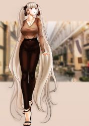 Rule 34 | 1girl, alternate costume, arm behind back, artist name, azur lane, belt, black footwear, blonde hair, blurry, blurry background, breasts, brown pants, brown shirt, casual, choister, cleavage, collarbone, commentary, earrings, english commentary, formidable (azur lane), full body, hair ribbon, high heels, highres, jewelry, long hair, long sleeves, looking at viewer, medium breasts, necklace, open mouth, pants, red eyes, ribbon, sandals, shirt, smile, solo, standing, toes, twintails, very long hair