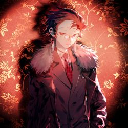 Rule 34 | 1boy, bespectacled, black jacket, collared shirt, earrings, fishcoooo, formal, fur-trimmed jacket, fur trim, glasses, highres, jacket, jewelry, kamado tanjirou, kimetsu no yaiba, long sleeves, looking at viewer, male focus, necktie, patterned background, pince-nez, red background, red eyes, red hair, red necktie, red theme, scar, scar on face, scar on forehead, shirt, short hair, solo, suit, upper body