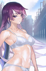 1girl armpit_crease bra breasts closed_mouth collarbone commentary cowboy_shot lace lace-trimmed_bra lace-trimmed_panties lace_trim large_breasts lingerie long_hair looking_at_viewer maeshima_shigeki monogatari_(series) navel outdoors panties purple_eyes purple_hair senjougahara_hitagi solo underwear underwear_only very_long_hair white_bra white_panties