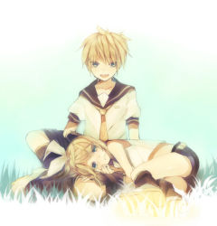 Rule 34 | 1boy, 1girl, blonde hair, blue eyes, boots, bow, brother and sister, crossed legs, detached sleeves, grass, hair bow, heca, kagamine len, kagamine rin, lying, midriff, name tag, necktie, open mouth, ponytail, school uniform, serafuku, short hair, shorts, siblings, sitting, twins, vocaloid, yellow necktie