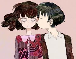 Rule 34 | 1boy, 1girl, bags under eyes, black hair, brown hair, closed eyes, closed mouth, collared shirt, couple, ear focus, expressionless, facing another, floating hair, floral print, freckles, from side, hetero, jitome, kiss, long neck, long sleeves, looking at viewer, matsuo mono, mixed media, no nose, open clothes, original, pink background, print shirt, profile, sanpaku, shirt, short hair, signature, simple background, striped, upper body, vertical stripes, wavy hair, white shirt, wing collar