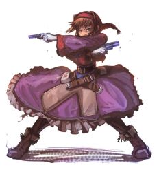 Rule 34 | 1girl, belt, braid, brown hair, dress, gloves, gun, hairband, long hair, looking at viewer, madsensei, purple dress, red hairband, simple background, solo, virginia maxwell, weapon, white background, wild arms, wild arms 3