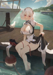 Rule 34 | 1girl, :d, absurdres, animal, azur lane, bad id, bad pixiv id, barefoot, bird, boat, breasts, choker, cirilla lin, cleavage, covered erect nipples, day, hair between eyes, harbor, high heels, highres, unworn legwear, looking at viewer, open mouth, outdoors, red eyes, seagull, shoes, unworn shoes, short hair, sirius (azur lane), sitting, smile, solo, teeth, wading, watercraft, wet, wet clothes, white hair, white legwear