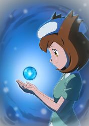 Rule 34 | 1girl, bianca (pokemon heroes), brown eyes, brown hair, closed mouth, commentary request, creatures (company), flipped hair, from side, game freak, green shirt, hat, highres, ia (ilwmael9), looking down, medium hair, nintendo, pokemon, pokemon (anime), pokemon (classic anime), pokemon heroes: latios &amp; latias, shirt, short sleeves, smile, solo, upper body, white hat