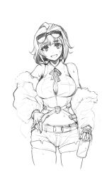 Rule 34 | 1girl, absurdres, aviator sunglasses, belt, bra, bra peek, breasts, bursting breasts, can, cleavage, commentary request, cowboy shot, eyewear on head, girls&#039; frontline, graphite (medium), greyscale, grizzly mkv (girls&#039; frontline), highres, holding, holding can, jacket, komura555, large breasts, looking at viewer, medium hair, mixed-language commentary, monochrome, neck ribbon, off-shoulder jacket, off shoulder, open mouth, ribbon, shorts, simple background, sketch, solo, sunglasses, sweat, traditional media, underwear, white background