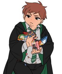 Rule 34 | 1boy, black eyes, cloak, collared shirt, double chin, eric cartman, fat, food, frown, harry potter (series), hogwarts school uniform, holding, holding food, long sleeves, looking to the side, male focus, necktie, school uniform, shirt, slytherin, solo, south park, striped necktie, ten (lu2948d), wizarding world