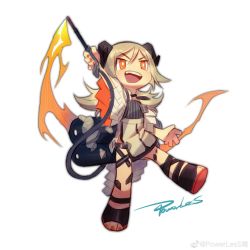 Rule 34 | 1girl, absurdres, arknights, black dress, blonde hair, chibi, demon girl, demon horns, dress, fang, flamethrower, highres, holding, holding weapon, horns, ifrit (arknights), jacket, medium hair, military, military vehicle, motor vehicle, nail polish, open mouth, orange eyes, orange nails, powerlesssong, signature, simple background, solo, standing, standing on one leg, tank, teeth, toenail polish, toenails, twintails, upper teeth only, v-shaped eyebrows, weapon, weibo logo, weibo watermark, white background, white jacket