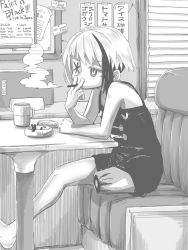 Rule 34 | 1girl, akabashira (unholywars12), amputee, ashtray, bandages, barefoot, bikko, borrowed character, cigarette, cigarette pack, cup, diner, dress, english text, full body, greyscale, indoors, keloids, monochrome, mug, multicolored hair, one-eyed, original, scar, scar across eye, scar on face, short dress, short hair, sitting, smoking, solo, two-tone hair