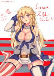 Rule 34 | 10s, 1girl, arm behind head, asymmetrical legwear, bare shoulders, belt, blonde hair, blush, breasts, chromatic aberration, cleavage, elbow gloves, front-tie top, full body, garter straps, gloves, heart, highres, iowa (kancolle), kantai collection, large breasts, long hair, looking at viewer, miniskirt, mino kureha, mismatched legwear, navel, no headgear, no shoes, open mouth, purple eyes, sitting, skirt, smile, solo, star-shaped pupils, star (symbol), striped clothes, striped skirt, striped thighhighs, symbol-shaped pupils, thighhighs, translation request, vertical-striped clothes, vertical-striped skirt, vertical-striped thighhighs, wariza