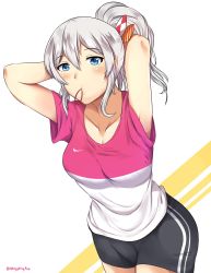 Rule 34 | 10s, 1girl, adjusting hair, alternate hairstyle, armpit peek, blue eyes, commentary, highres, kantai collection, kashima (kancolle), mouth hold, ponytail, silver hair, solo, tying hair, wangphing