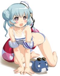 Rule 34 | 1girl, aqua hair, barefoot, blush, brown eyes, dd (ijigendd), fang, highres, innertube, kantai collection, little blue whale (kancolle), looking at viewer, open mouth, samuel b. roberts (kancolle), short hair, simple background, smile, solo, swim ring, twitter username, white background