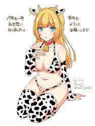 Rule 34 | 1girl, animal ears, animal print, bell, bikini, blonde hair, blue eyes, blush, breasts, bridal gauntlets, chinese zodiac, commentary request, cow ears, cow girl, cow horns, cow print, cowbell, dated, full body, highres, horns, large breasts, long hair, looking at viewer, navel, open mouth, original, print bikini, print bridal gauntlets, print thighhighs, seiza, signature, simple background, sitting, solo, swimsuit, thighhighs, tomo-graphy, translation request, twitter username, white background, year of the ox