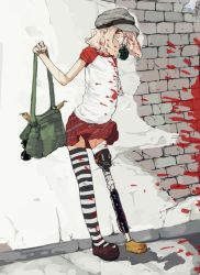 Rule 34 | 1girl, amputee, bad id, bad pixiv id, bag, bandages, blonde hair, blood, bomb, explosive, eyepatch, grenade, hat, lefty10, miniskirt, mouth hold, prosthesis, red eyes, single thighhigh, skirt, solo, striped clothes, striped thighhighs, thighhighs