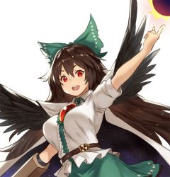 Rule 34 | 1girl, arm cannon, arm up, belt, black wings, blouse, bow, breasts, cape, commentary, feathered wings, green bow, green skirt, hair between eyes, hair bow, houtengeki, index finger raised, large breasts, long hair, looking at viewer, miniskirt, red eyes, reiuji utsuho, shirt, simple background, skirt, smile, solo, third eye, touhou, very long hair, weapon, white background, white shirt, wings