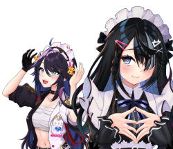 Rule 34 | 2girls, :d, bandages, black dress, black gloves, black hair, blue eyes, blue hair, blush, chest sarashi, colored inner hair, commentary request, dress, gloves, hair between eyes, hair ornament, hair over one eye, hairclip, hands up, highres, indie virtual youtuber, jacket, kapibara ani, kson, long hair, maid headdress, midriff, multicolored clothes, multicolored hair, multicolored jacket, multiple girls, navel, open clothes, open jacket, open mouth, own hands together, sarashi, simple background, single glove, smile, souchou, steepled fingers, stomach, strapless, tube top, two-tone jacket, upper body, very long hair, virtual youtuber, white background, yashiki ciel