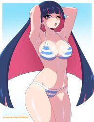 Rule 34 | 1girl, absurdres, armpits, arms behind head, bare shoulders, bikini, blue bikini, blue eyes, blue hair, blunt bangs, blush, breasts, cleavage, collarbone, colored inner hair, dashi (dashiart), earrings, highres, jewelry, large breasts, long hair, looking at viewer, multicolored hair, navel, one eye closed, open mouth, panty &amp; stocking with garterbelt, patreon username, pink hair, solo, stocking (psg), stomach, striped, swimsuit, two-tone hair, two-tone swimsuit, white bikini