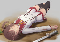 Rule 34 | 1girl, arm at side, black ribbon, black thighhighs, breasts, brown hair, buttons, closed eyes, closed mouth, commentary request, commission, dirty, dirty clothes, dirty hands, double-breasted, etou kanami, fingernails, full body, grey background, hair ribbon, jacket, katana, knees up, long sleeves, lying, medium breasts, miniskirt, minoseki gakuin uniform, motsutoko, neck ribbon, on back, on ground, one side up, orange ribbon, outdoors, parted lips, pleated skirt, raised eyebrows, red skirt, ribbon, school uniform, shadow, short hair, skeb commission, skirt, solo, sword, thighhighs, toji no miko, torn clothes, torn jacket, torn skirt, torn thighhighs, unconscious, weapon, white jacket, zettai ryouiki