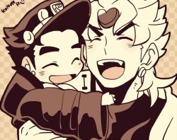 Rule 34 | 2boys, aged down, blush, checkered background, closed eyes, dio brando, earrings, hat, heart, hug, jewelry, jojo no kimyou na bouken, kotorai, kuujou joutarou, laughing, long sleeves, male focus, monochrome, multiple boys, no nose, open mouth, oversized clothes, short hair, signature, teeth, thick eyebrows, upper teeth only, v-shaped eyebrows